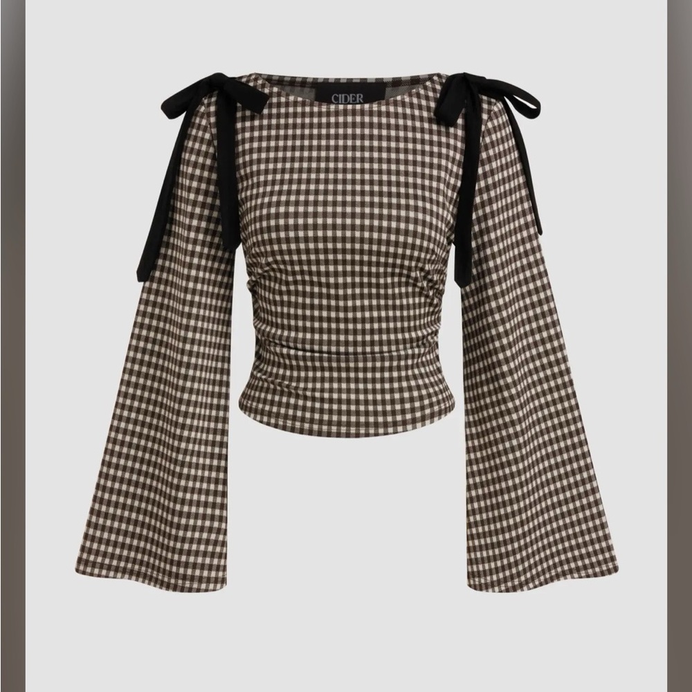Cider BOAT NECK GINGHAM BOWKNOT RUCHED LONG SLEEVE TOP CC19-12 XS - Picture 2 of 8